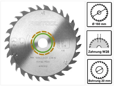 Productafbeelding van Festool universeel cirkelzaagblad W28 160 x 2,2 x 20 mm 160 mm 28 tanden ( 496302 ) TS TSC ATF AP