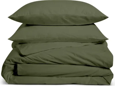 Image de Bleu Calin Parure de lit unie 100% Percale de coton - Kaki - 140x200cm