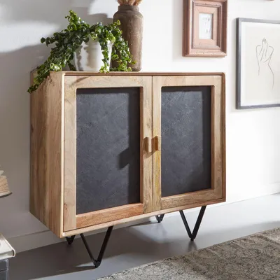 Zdjęcie produktu dla Komoda FineBuy, 80x75x35 cm, wykonana z litego drewna mango, imitująca kamień. Komoda z 2 drzwiczkami, mała szafka, drewniana, stojąca