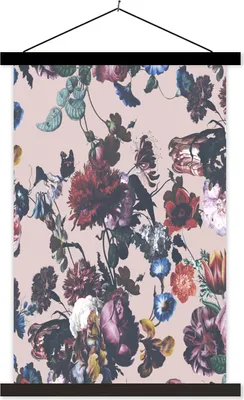 Produktbild von MuchoWow® Textilposter Blumen - Muster - Vintage 60x90 cm mit schwarzem Rahmen - Poster Wohnzimmer