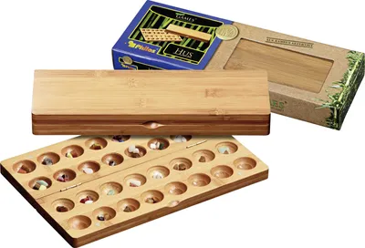 A bamboo Mancala board game with its lid and packaging, displayed on a white background.