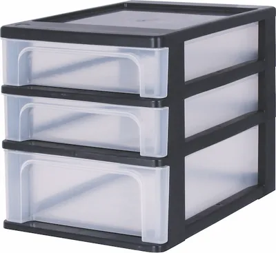 Produktbild von IRIS OHYAMA Schubladencontainer DIN-A4 2 flache + 1 hohe Schubladen, schwarz-tansparent 6174