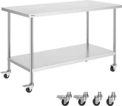Obrázek produktu pro Pracovní stůl VEVOR z nerezové oceli, přípravný stůl se 4 kolečky, 3 nastavitelné výškové úrovně, pracovní stůl pro přípravu jídel pro komerční kuchyně a restaurace 762 x 1524 x 954,6 mm