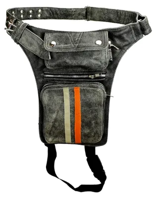 Produktbild von Beintasche für Motorrad, Echtes Leder, Hüfttasche für Damen und Herren, Sportlich Taktisch, Gürteltasche Werkzeugtasche, Für Motorrad, Wandern und Outdoor, Grau mit Orange und Beige Streifen