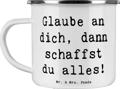 Produktbild von Mr. & Mrs. Panda Kaffeepott Spruch Angst überwinden - Weiß - Geschenk, Emaille Tasse, Vertrauem, Haferl, Inspiration, becher, Unterstützung, Pott, metallbecher, Teetasse