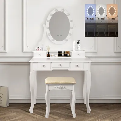 Obrázok produktu pre ML-Design toaletný stolík biely s LED osvetlením, toaletný stolík so zrkadlom, stoličkou a 5 zásuvkami, 80x129x40 cm, vidiecky štýl