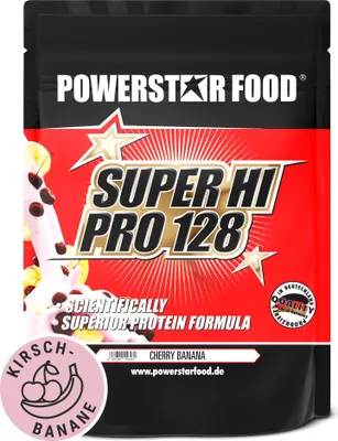 Produktbild von Powerstar SUPER HI PRO 128 | Mehrkomponenten Protein-Pulver 1kg | Höchste Biologische Wertigkeit | Protein-Shake zum Muskelaufbau | Cherry-Banana