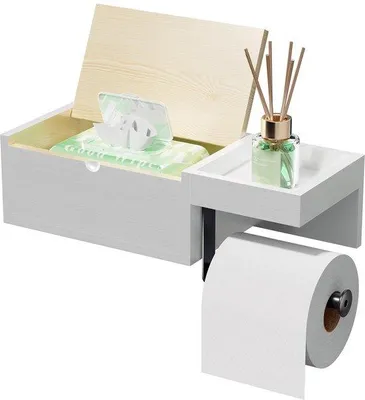 Productafbeelding van Unyqoos® Multifunctionele toiletrolhouder van hout met opbergruimte en houder voor vochtige doekjes, zelfklevend of schroefbaar, 30,5 x 12 x 8,5 cm, roestvrij staal