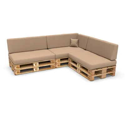 A sectional sofa made from wooden pallets with beige cushions, shown against a white background.
