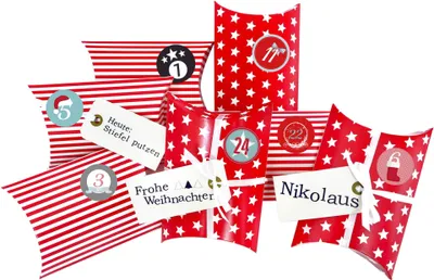 Produktbild von Adventskalender Christkind: Set 174, Kissenschachteln 15 x 11 x 4,5 cm rot Sterne und Streifen, Ziffern bunt