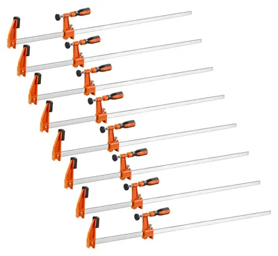 Produktbild von Schraubzwingen Set - F-Zwingen 8er-Pack - 91,4 cm Spannweite - 272 kg Spannkraft - Selbstverriegelung - Kunststoffauflagen - Gusseisen & Stahl - Für Holz- und Metallbearbeitung