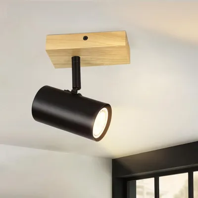 Produktbild von ZMH Deckenleuchte Schwarz Deckenstrahler 1 Flammig Holz Deckenlampe GU10 Deckenspots Schwenkbar 350° Spotslight für Wohnzimmer Schlafzimmer Küchen Korridor Esszimmer