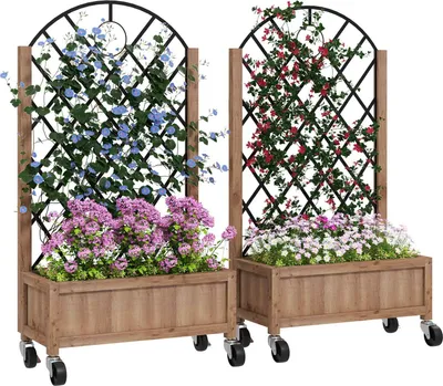 Zdjęcie produktu dla Zestaw 2 skrzynek na rośliny z podwyższonymi grządkami z rolkami, krata, doniczka z kraty, skrzynka na kwiaty, drewno, krata ogrodowa 152 x 25 x 97 cm do ogrodu, balkonu, tarasu, doniczki na rośliny pnące, rośliny koszowe Aosom