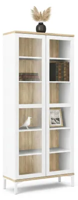 Produktbild von Vitrine Hudhud, Glas-Sideboard, Mehrzweckvitrine, Hängendes Bücherregal mit Glastüren, 89x36 h203 cm, Weiß und Eiche
