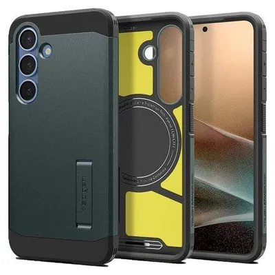 A product shot of a phone case, showing the front and back, and the phone it is designed for.