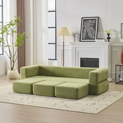 Immagine prodotto di Divano modulare okwish con 3 poggiapiedi, divano letto pieghevole, in velluto, divano angolare a tre posti ideale per piccoli appartamenti, colore verde