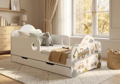 Produktbild von Bett Kinder 140x70 mit Matratze Schublade Stauraum Kinderbett mit Rausfallschutz Weiß, Autos, Autos für Jungen, Kinder