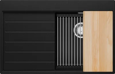 Produktbild von PRIMAGRAN Spülbecken Schwarz Metallic 78x50cm, Granitspüle 1 Becken + Ablauf-Set + Küchenzubehörset, Küchenspüle ab 45er Unterschrank - Sydney