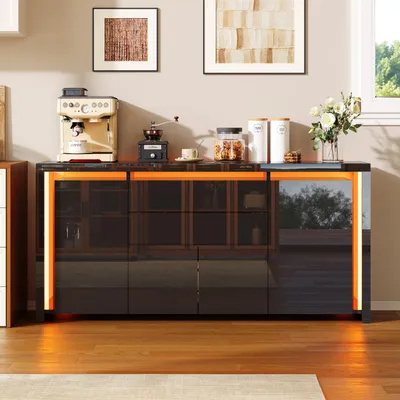 Zdjęcie produktu dla Fortuna Lai kredens czarny wysoki połysk z LED, szafka TV, komoda z 4 szafkami i 2 szufladami, 160x35x75 cm, witryna, czarny
