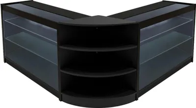 Immagine prodotto di Set di banconi da vendita neri Apollo con illuminazione a LED K1200 LM60; ante scorrevoli chiudibili a chiave; 3 unità di stoccaggio ed esposizione; vetrina angolare; ripiani interni; illuminazione bianca