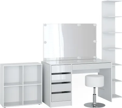 A white vanity set with a mirror, drawers, a stool, and shelving units against a white background.
