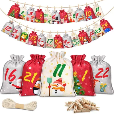 Immagine prodotto di Calendario dell'Avvento da riempire: 24 sacchetti di tessuto con corda e graffette, decorazioni natalizie fai-da-te, 2 dimensioni