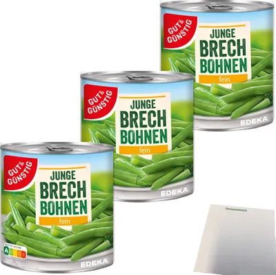 Produktbild von Gut & Günstig Junge Brechbohnen fein 3er Pack (3x800g Dose) + usy Block