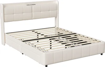 Produktbild von Polsterbett 160x200cm mit USB und Steckdosen, Jugendbett Doppelbett mit 4 Schubladen, Stauraumbett Massivholzbett mit Typ C und Lattenrost, PU