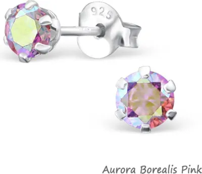 Produktbild von Zirkonia Ohrstecker Silber: Runde Kristall Ohrringe Aurora Borealis Pink