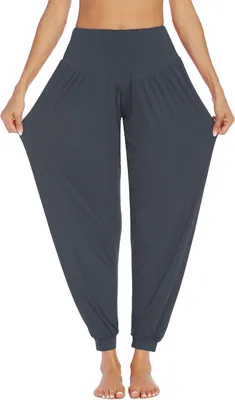 Productafbeelding van Yogabroek voor dames, lange wijde harembroek in grijs met elastische tailleband