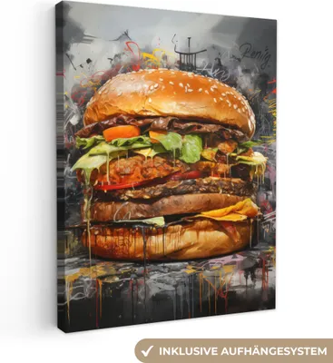 Produktbild von Leinwandbilder 30x40 cm - Graffiti - Burger - Essen - Kunst - Grau - Graffiti, Bilder Wohnzimmer Modern, Wanddeko
