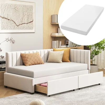 Produktbild von okwish Schlafsofa 90*200 mit 2 großen Stauraumschubladen und Lattenrost Samt Beige
