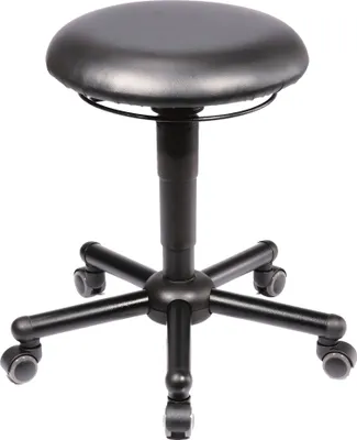 A black rolling stool with a round seat and a five-star base with casters, isolated on a white background.