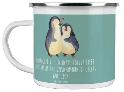 Produktbild von Mr. & Mrs. Panda Teetasse 10. Hochzeitstag Rosenhochzeit - Meeresbrise - Geschenk, Dankbarkeit, Zweisamkeit, Rosentag, Tasse Emaille, Pott, Motivtasse, Teebecher, Liebe