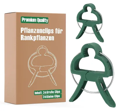 Image de 48 clips pour plantes, idéales pour les tomates, les concombres, les rosiers grimpants, et comme support pour les plantes grimpantes. Deux tailles disponibles (24 grandes, 24 petites)