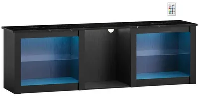 Obrázok produktu pre TV komoda - Nízka komoda pod televízor s LED osvetlením - Vhodná pre televízory do 165 cm - Dĺžka 160 cm - Nastaviteľné sklenené poličky - Drevo - Armygren
