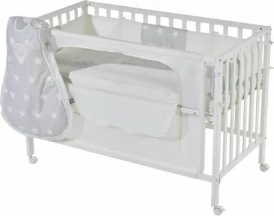 Produktbild von roba Room Bed, safe asleep® 60 x 120 cm 'Sterne grau', Beistellbett inkl. Ausstattung, weiß lackiert