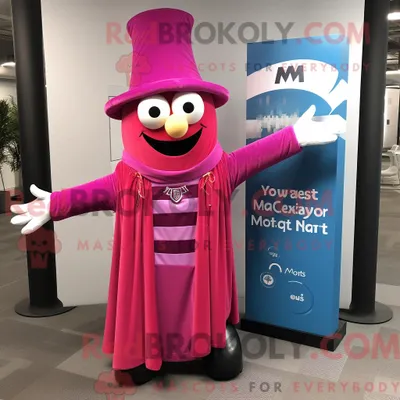 Produktbild von Maskottchenfigur REDBROKOLY eines magentafarbenen Zirkusdirektors mit Maxikleid und Schalklammern