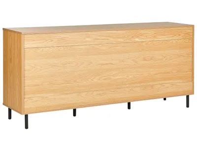 Produktbild von BELIANI Sideboard 3 Türen Helles Holz mit schwarzen Metallbeinen Freistehender Schrank mit Ablagen Heimaufbewahrung Highboard Minimalistisch