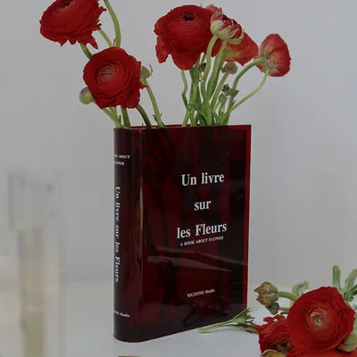 Image de (Brun) Vase à fleurs en forme de livre - Vase à fleurs en forme de livre transparent en acrylique, vase de bureau, vase à livres pour des espaces floraux esthétiques (ne contient pas de fleurs)