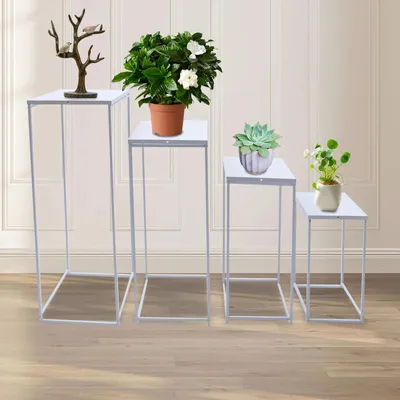 Produktbild von Blumenständer Hochzeit - Quadratische Säulen-Podeste, Set 4 Stück - Stahlrohrrahmen - Tisch- & Gangdekoration - Traglast je 10–15 kg - Weiß