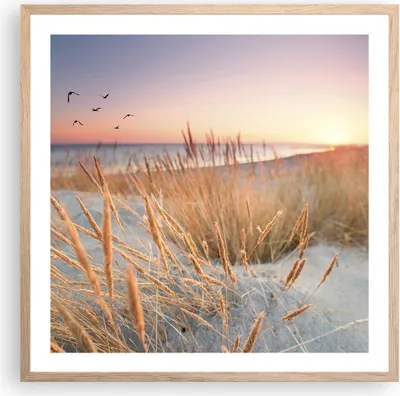 Produktbild von Gerahmtes Poster - Rahmen in heller Eiche - Sonne Vögel Sand - 60x60 cm - Wand Bild - Wanddeko - Wandbilder - Kunstposter - Wandposter - Bilderrahmen - Bilder - Kunstdruck - P2NAC60x60-4810