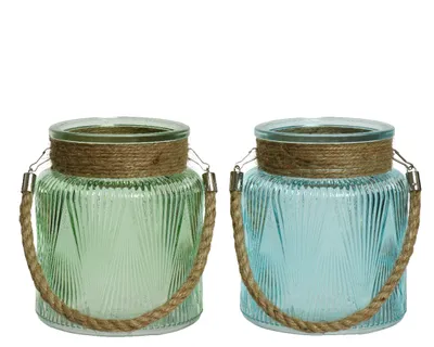 Produktbild von Windlicht Glas mit Henkel gerillt 13x15cm grün / blau 2er Set