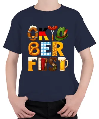Productafbeelding van , bier, Beieren, pretzel, lederhosen, Wiesn, dirndl, München, kinder T-shirt, marineblauw, maat 128