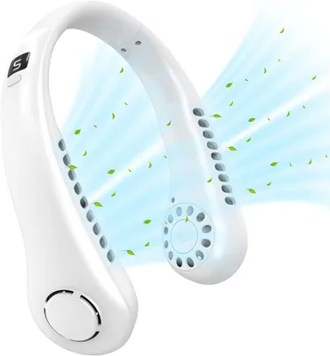 Produktbild von Nackenventilatoren ohne Flügel, Tragbarer Halsventilator mit LED-Display, 5 Geschwindigkeit, 3000 mAh, 360° Nackenbügel-persönlicher Ventilator, Weiß