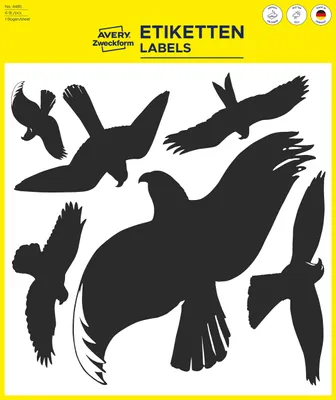 Produktbild von Avery Zweckform 4485, Warnvögel Aufkleber, Motivdruck: Vögel, 280 x 285 mm, 6 Sticker / 1 Bogen, schwarz