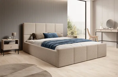 Zdjęcie produktu dla Łóżko tapicerowane 120x200 beżowe z tkaniny boucle z metalową ramą z listew i miejscem do przechowywania
