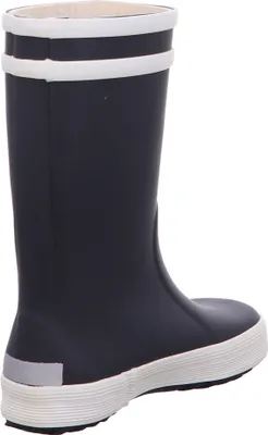 A single black rain boot with white trim and sole, shown from the side.