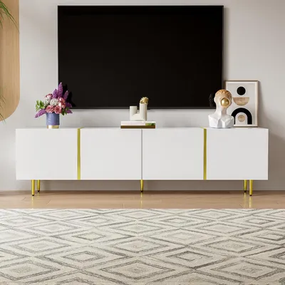 Image de Meuble TV Moderne 170 X 35 X 46 Cm, 4 Portes, Bois Mdf, Finition Blanc Brillant Et Or