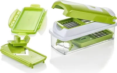 A set of kitchen choppers and slicers, with multiple components laid out.
